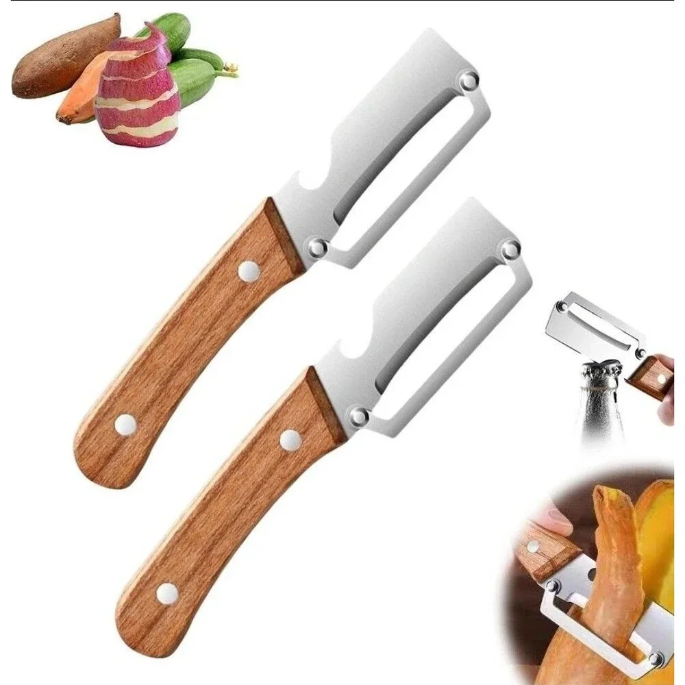 2 Pack Vegetable Peeler with Bottle Opener Stainless Steel Wood Handle Slicer
